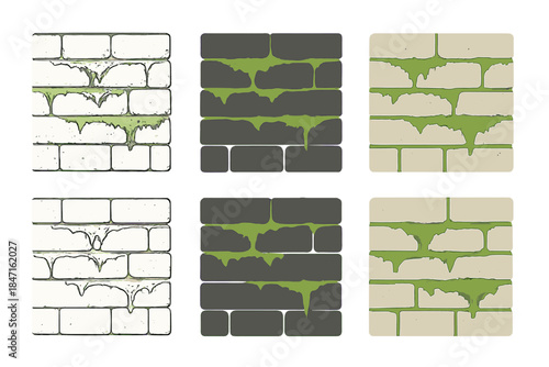 Mossy Garden Wall Evolution. Old garden wall with creeping moss along mortar lines, minimalist depiction of time and quiet