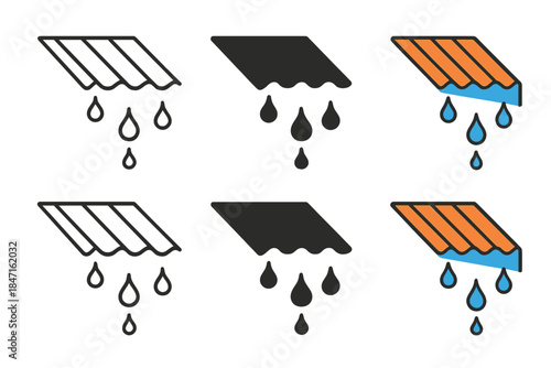 Rhythmic Water Droplets. Metal roof edge with dripping water forming rhythmic droplets, stylized repetition and gravity balance,