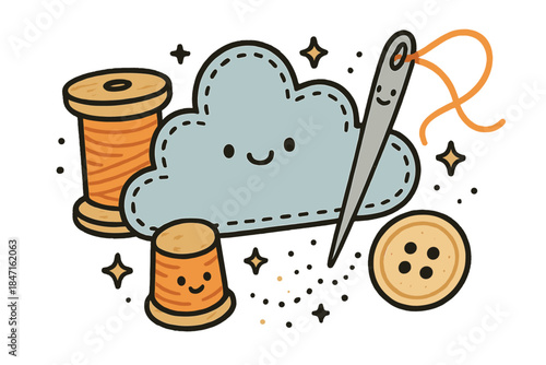 Cheerful Sewing Dance. Friendly doodle sewing kit with cloud-shaped fabric and cheerful needle dancing through stardust, No text,