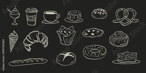 Hand drawn bakery and coffee set with desserts, bread, donuts, croissants, pretzels, and hot drinks. Perfect for menu design, branding, and bakery packaging. Vector illustration.