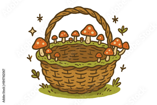 Fairy Ring Basket. Playful doodle foraging basket shaped like a fairy ring, tiny mushrooms growing along its rim and happy forest