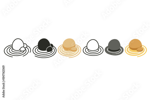 Zen Stone Artistry. Group of smooth stones with flowing rake lines encircling each form, natural motion and stillness combined,