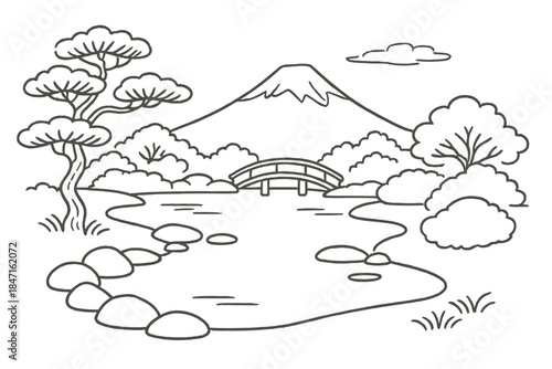 Japanese Garden Panorama. Traditional Japanese garden composition framing distant mountain through open space, balanced harmony of