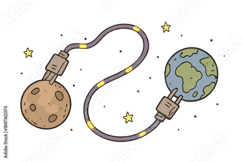 Intergalactic Connection. Adorable doodle patch cable stretching through space to connect two tiny planets, gentle light pulses