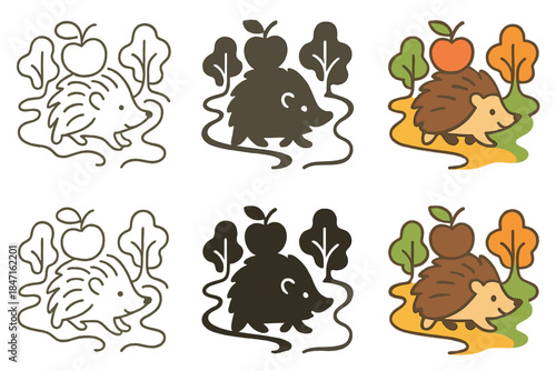 Hedgehog's Fruit Path. Hedgehog Apple Path, abstract woodland harmony with soft lines, playful fruit, and organic flow, first in