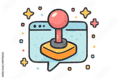 Pixel Joystick Delight. Sweet doodle joystick emerging from a floating dialogue window, surrounded by cheerful pixel particles, No