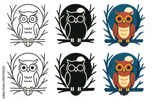 Owl Nocturnal Harmony. Owl Branch Spectacles, abstract nocturnal harmony blending branch lines, moonlight, and soft symmetry,