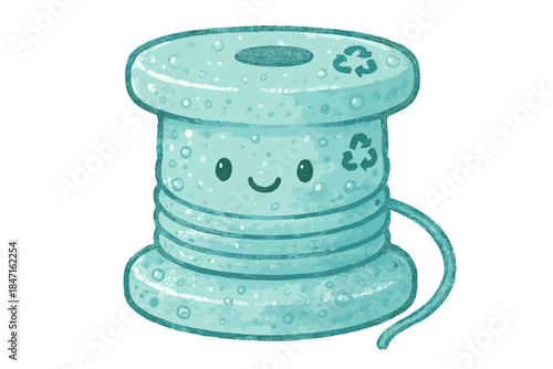 Recycled Thread Art. Adorable doodle spool of thread made from recycled plastic, transparent and bubbly texture with tiny