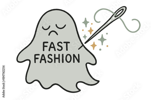 Sewing Needle Fantasy. Whimsical doodle sewing needle gently piercing a floating “fast fashion” ghost, releasing sparkles of