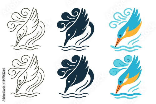 Abstract Kingfisher Art. Kingfisher River Dive, abstract nature harmony blending air movement, water ripples, and curved geometry,