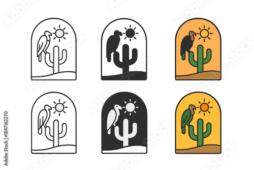 Vulture Desert Emblem. Vulture Sun Cactus, minimalist desert emblem symbolizing endurance, solitude, and stark beauty, first in