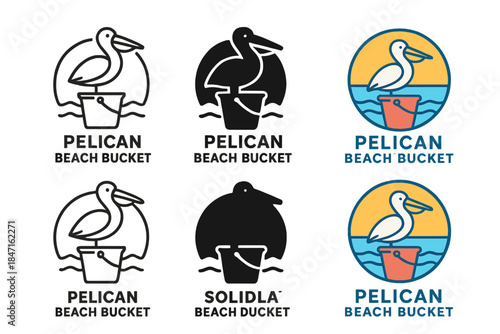 Minimalist Seaside Emblems. Pelican Beach Bucket, minimalist seaside emblem symbolizing balance, calm, and coastal life, first in