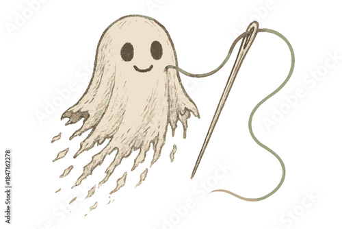 Mending Ghost Fashion. Cute doodle ghost made of torn fabric fading away as a needle mends it with green thread, hopeful