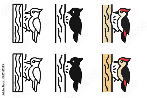 Woodpecker Rhythm Icons. Woodpecker Tree Rhythm, clean modern icon depicting bird, bark texture, and rhythmic balance, first in