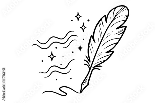 Whispering Feather Pen. Playful doodle feather pen that writes with gentle whispers, faint sound waves and sparkles drifting from