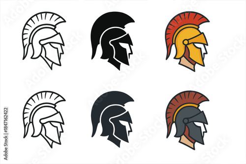 Roman Helmet Designs. Roman-style helmet with feathered crest and sharp cheek guards, minimal heroic design, first in line style