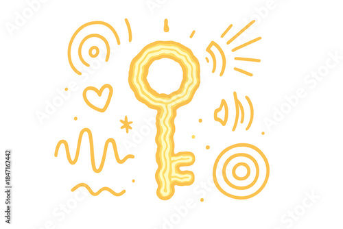Harmonious Light Key. Friendly doodle key made of vibrating light waves, surrounded by symbols of resonance and sound, No text, No