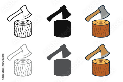 Axe in Pine Log. Sharp axe embedded in pine log, wood grain detail and minimal texture lines, first in line style with thin