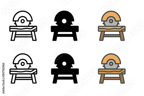 Circular Saw Styles. Circular saw icon next to plank on carpenter table, clear industrial lines, first in line style with thin