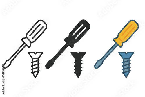 Screwdriver and Screws Icons. Flathead screwdriver resting diagonally across two screw icons, clean workshop symbol, first in line