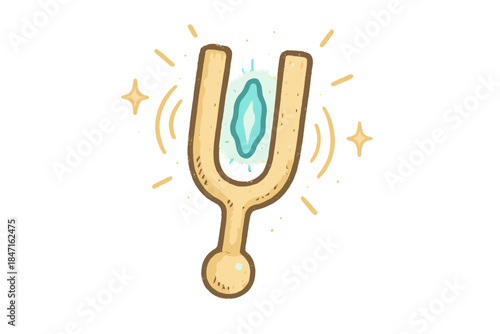 Magical Doodling Fork. Sweet doodle tuning fork humming with light, a small dimensional tear glowing softly between its prongs, No