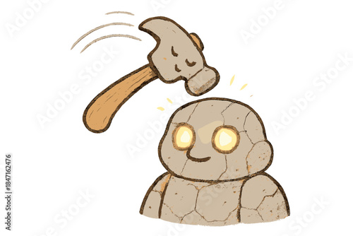 Doodle Hammer Awakening. Cute doodle hammer mid-swing as a stone figure’s eyes begin to glow softly with new life, No text, No
