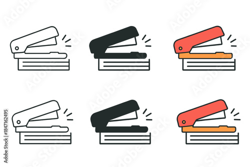 Stapler in Action. Stapler pressing down on stack of paper, small click motion lines shown, first in line style with thin outline,