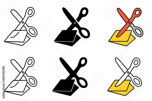 Scissors Cutting Stages. Scissors open wide above folded paper sheet, moment before cutting, simple dynamic flow, first in line