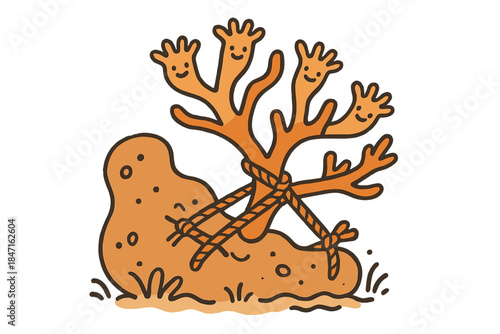 Playful Coral Fragment. Playful doodle coral fragment carefully tied to a nurturing reef structure, small ropes and happy polyps