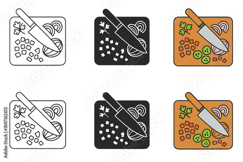 Chopping Board Styles. Cutting board with assorted chopped ingredients and knife mid-action, first in line style with thin outline