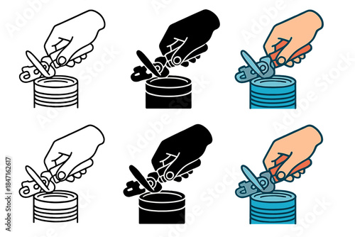 Can Opener Styles. Hand gripping can opener over tin can with lid lifting, first in line style with thin outline, second in solid