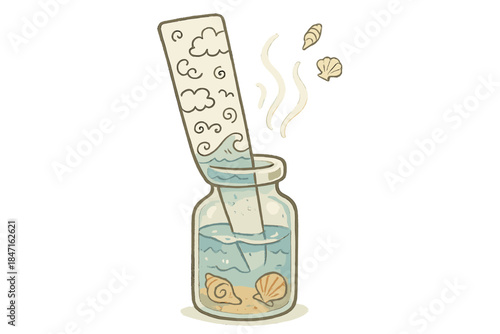 Oceanic Scent Strip. Whimsical doodle perfume blotter strip dipped into a tiny ocean vial, soft waves and seashells releasing a