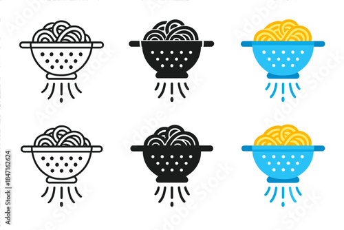 Draining Pasta Art. Colander with pasta and stylized motion lines showing water draining, first in line style with thin outline,