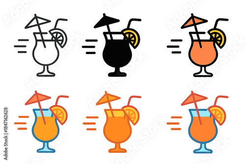 Tropical Cocktails Art. Tropical cocktail glass with umbrella, fruit slices, and motion lines, first in line style with thin