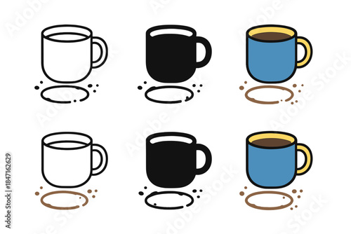 Artistic Coffee Mugs. Mug with coffee and small splashes forming circular stains, first in line style with thin outline, second in