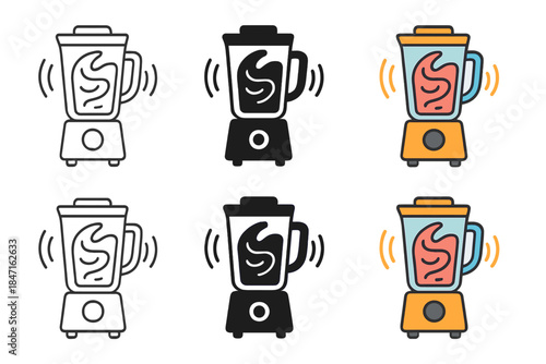 Blender Smoothie Variations. Blender with smoothie swirling inside and animated vibration arcs, first in line style with thin