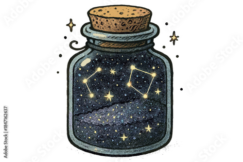 Stardust Spice Jar. Whimsical doodle spice jar filled with shimmering ground stardust, tiny constellations glowing through the