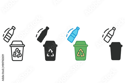 Recycling Bottle Evolution. Plastic bottle tossed toward recycling container first in line style with thin outline, second in