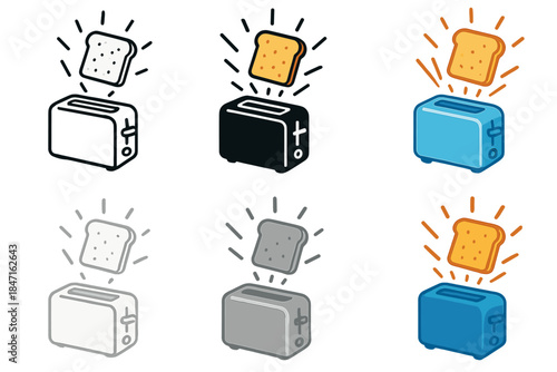 Stylized Toaster Art. Toaster with two slices of bread mid-air and stylized pop motion lines, first in line style with thin