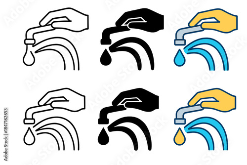 Stylized Faucet Adjustments. Hand adjusting sink faucet with droplet forming and stylized water arcs, first in line style with