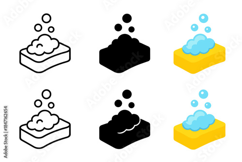 Sponge Bubbles Art. Sponge scrubbing with foam and floating bubbles rising upward, first in line style with thin outline, second