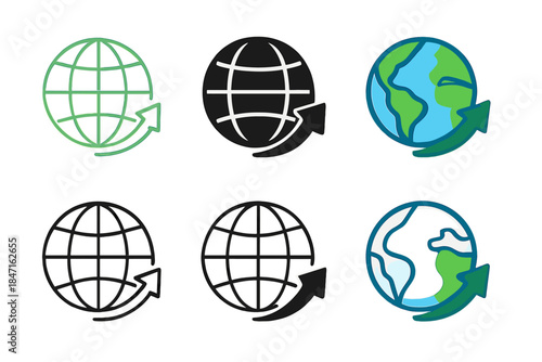 Curved Arrows Around Globe. Curved arrow circling around green globe first in line style with thin outline, second in solid style