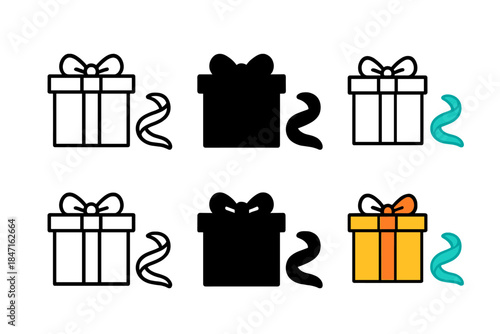 Gift Box Styles. Loose ribbon curl beside opened gift box first in line style with thin outline, second in solid style filled