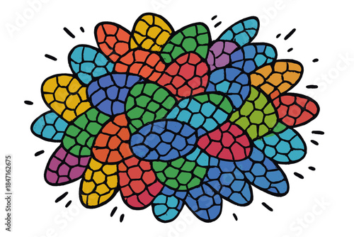 Chaotic Reptile Scales. Playful doodle burst of noise illustrated as chaotic overlapping reptile scales shimmering in random