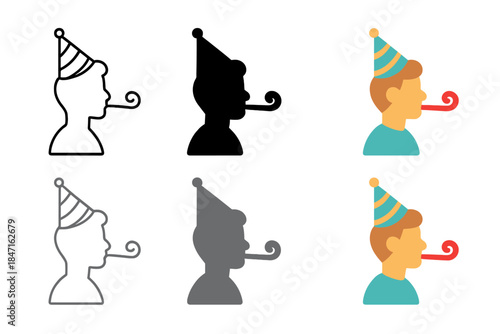 Stylized Silhouette Parade. Person silhouette wearing hat blowing streamer first in line style with thin outline, second in solid