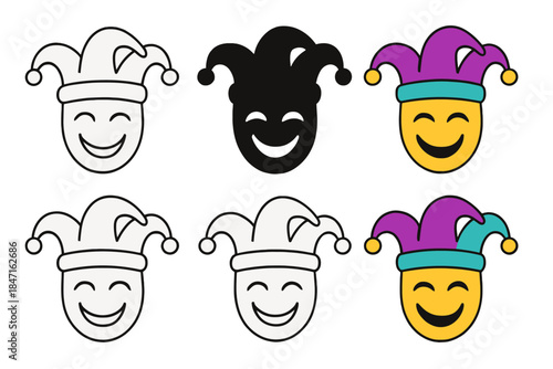 Colorful Jester Masks. Jester hat placed on comedy mask with smile first in line style with thin outline, second in solid style