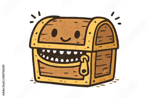 Playful Doodle Treasure Chest. Adorable doodle treasure chest with a zipper for a mouth, tiny teeth peeking out and playful mimic