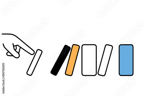 Domino Cascade Styles. Hand pushing first domino to start cascade first in line style with thin outline, second in solid style