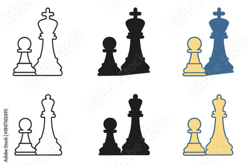 Pawn Shadow King. Pawn shadow forming shape of king behind it first in line style with thin outline, second in solid style filled