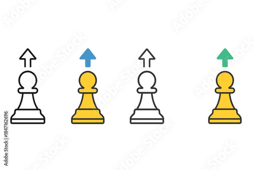 Pawn Movement Styles. Pawn moving forward with motion arrow indicator first in line style with thin outline, second in solid style